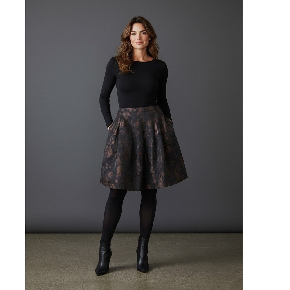 Talbots Woman Petites 16WP Brown Black Floral Jacquard Pleated A-Line Skirt NWT